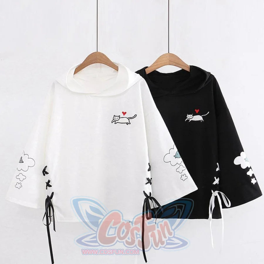 Cat Dream Laced-Up Loose Hoodie Sweatshirt