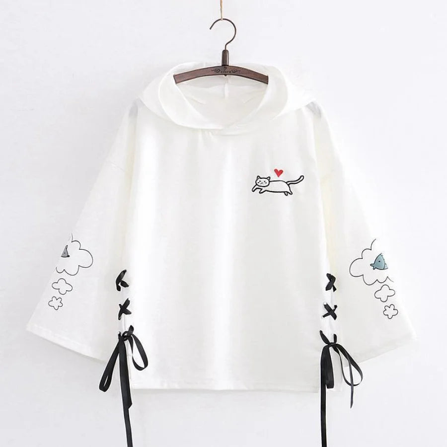 Cat Dream Laced-Up Loose Hoodie White / One Size Sweatshirt