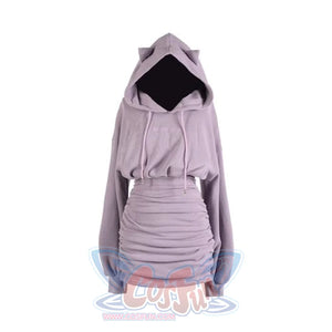 Cat Ears Hoodie Sweater Dress Embroidery Long-Sleeved Short Skirt Purple / S