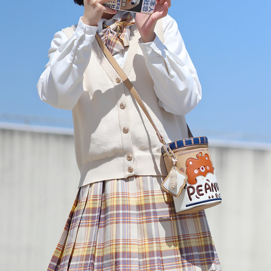 Lovely Bear Peanut Butter Embroidered Crossbody Bucket Bag