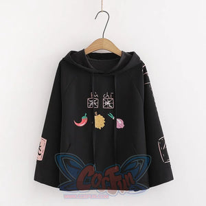 Characters And Cute Fruits Print Pocket Student Loose Hoodies J40003 Black / One Size Hoodie