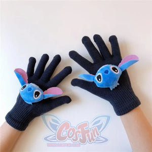 Couple Cute Little Monster Cartoon Students Warm Winter Handmade Gloves Dark Gray Stitch / One Size