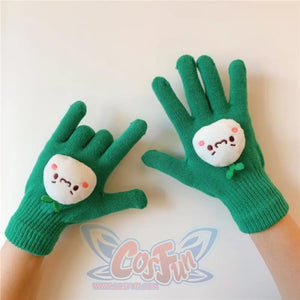 Couple Cute Little Monster Cartoon Students Warm Winter Handmade Gloves Green Bean Sprout / One Size