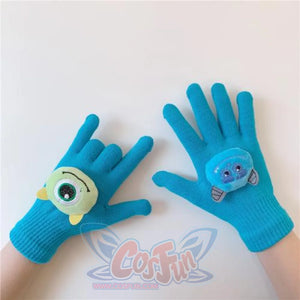 Couple Cute Little Monster Cartoon Students Warm Winter Handmade Gloves Lake Blue Monsters / One