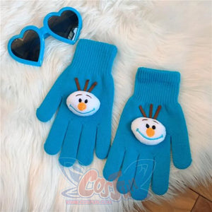 Couple Cute Little Monster Cartoon Students Warm Winter Handmade Gloves Lake Blue Snowman / One Size