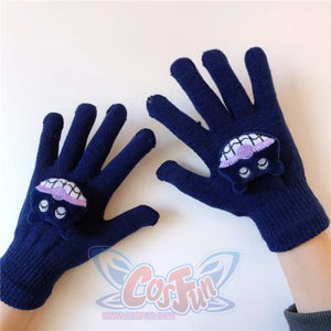 Couple Cute Little Monster Cartoon Students Warm Winter Handmade Gloves Navy Bacteria Man / One Size