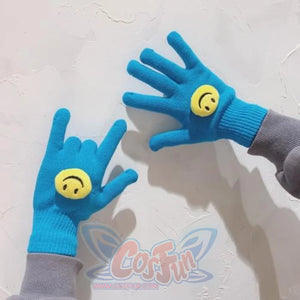 Couple Cute Little Monster Cartoon Students Warm Winter Handmade Gloves Peacock Blue Smile / One