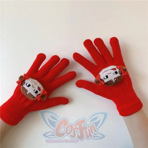 Couple Cute Little Monster Cartoon Students Warm Winter Handmade Gloves Red Girls / One Size