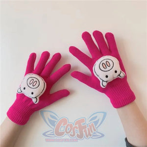 Couple Cute Little Monster Cartoon Students Warm Winter Handmade Gloves Rose Red Pig / One Size