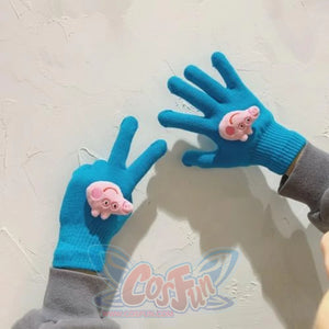 Couple Cute Little Monster Cartoon Students Warm Winter Handmade Gloves Sky Blue Peppa Pig / One