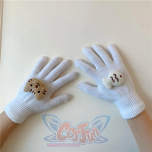 Couple Cute Little Monster Cartoon Students Warm Winter Handmade Gloves White Cats And Fish / One