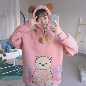 Cute Cartoon Bear Ears Print Brushed Hoodie J40013 Pink / One Size Hoodie