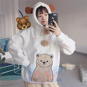 Cute Cartoon Bear Ears Print Brushed Hoodie J40013 White / One Size Hoodie