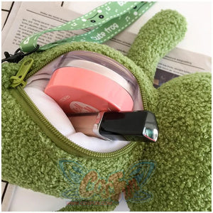 Cute Cartoon Plush Green Frog Doll Faux Wool Shoulder Bags C00072