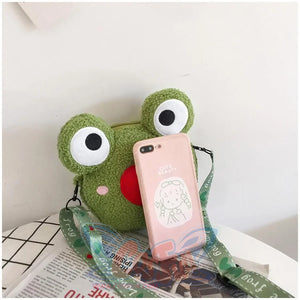 Cute Cartoon Plush Green Frog Doll Faux Wool Shoulder Bags C00072