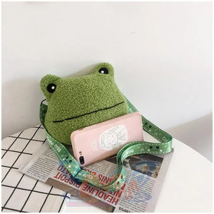 Cute Cartoon Plush Green Frog Doll Faux Wool Shoulder Bags C00072