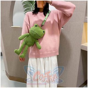 Cute Cartoon Plush Green Frog Doll Faux Wool Shoulder Bags C00072