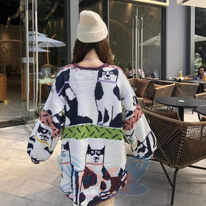 Cute Cat Cartoon Patchwork Oversized Sweater J40011 Sweatshirt