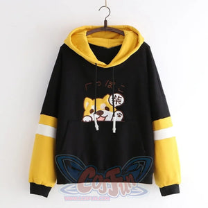 Cute Puppy Shiba Inu Color Block Hoodie J40229 Black / One Size Sweatshirt