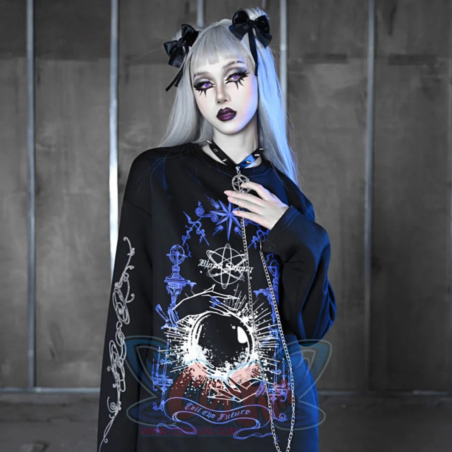 Printed Crystal Ball Diamond Embedded Oversize Woolen Long-Sleeved Hoodie