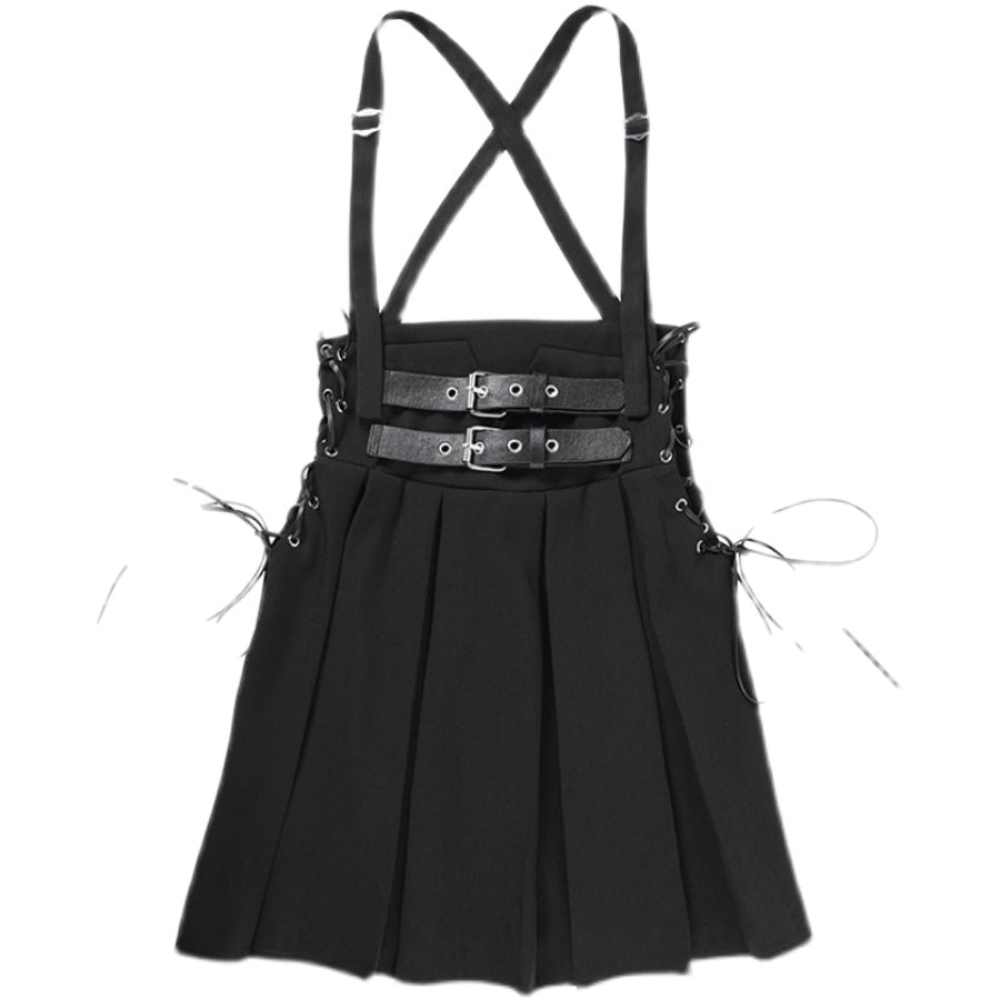 Sweet and Cool Lace Up High Waist Pleated Strap Skirt