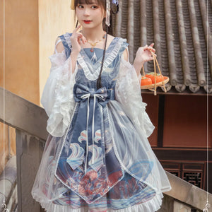 Chinese Style Daily Lolita Long Sleeve Dress Blue / S