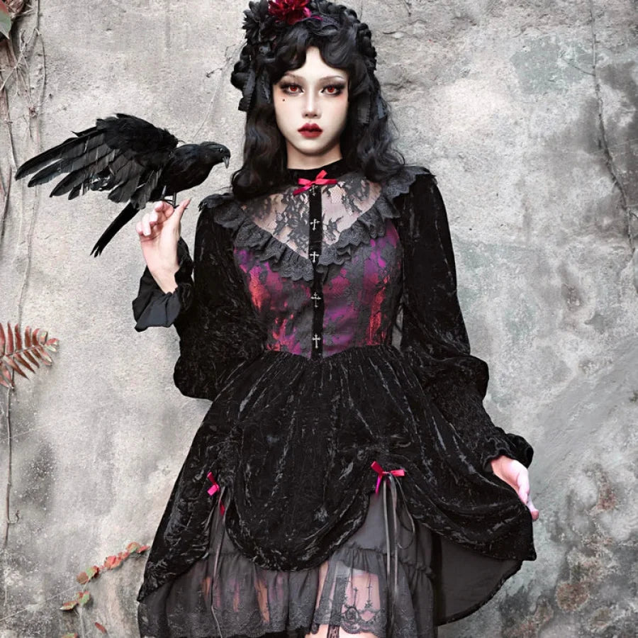 Gothic Halloween Velvet Bubble Sleeve Dress