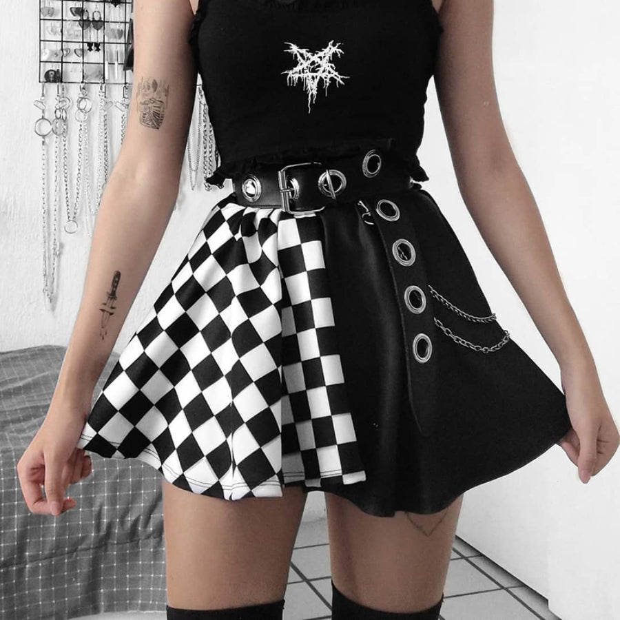 Punk High Waist Color Blocking Black and White Plaid Skirt S22898