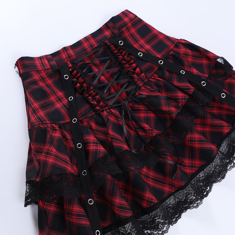 Sweet and Cool Plaid Camisole and Lace Up Skirt Two Piece Sets