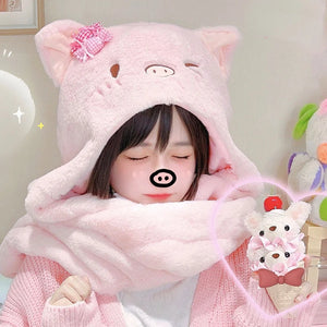 Lovely Winter Woolen Pig Hat Scarf Wink