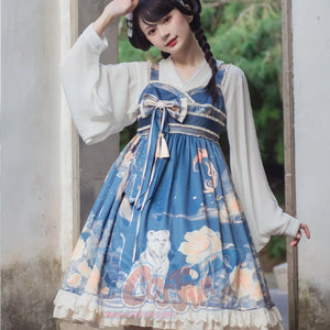 Chinese Style High Waist Lolita Jumper Skirt Blue / S