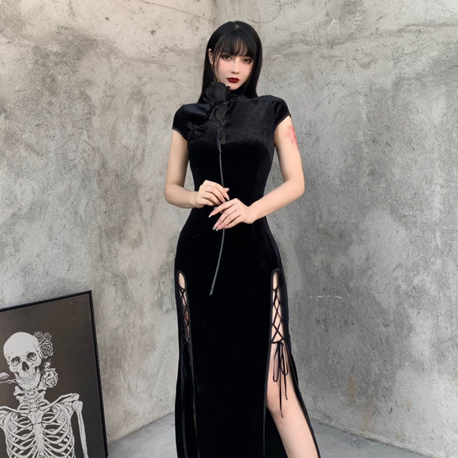 Velvet High Waist Slit Short Sleeve Improved Cheongsam Dress