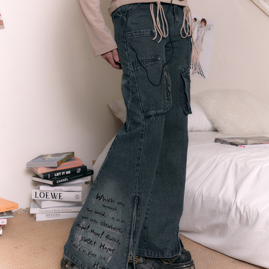 Vintage Washed Printed Low Waist Denim Pants