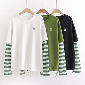 Fake Two-Piece Cartoon Embroidery Stripe Loose Sweatshirt