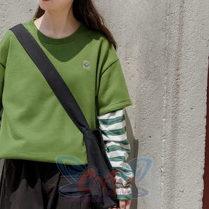 Fake Two-Piece Cartoon Embroidery Stripe Loose Sweatshirt