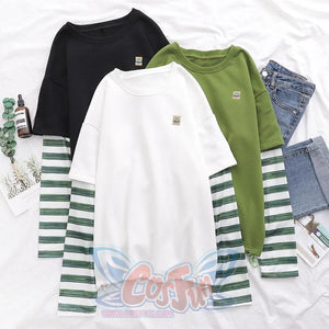 Fake Two-Piece Cartoon Embroidery Stripe Loose Sweatshirt