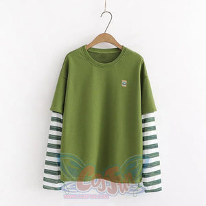 Fake Two-Piece Cartoon Embroidery Stripe Loose Sweatshirt Green / One Size