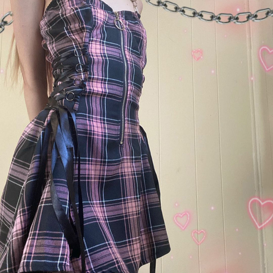 Sweet and Cool High Waist Lace Up Plaid Slip Dress