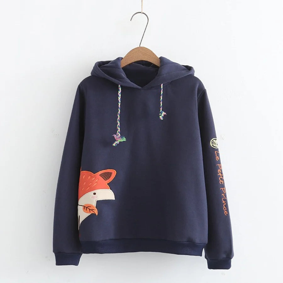 Fox With A Grass Embroidery Braid Tie Ears Hoodie J40028 Blue / M Sweatshirt