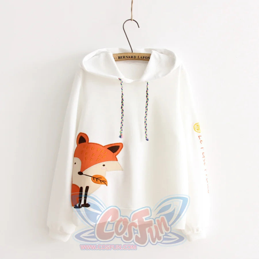 Fox With A Grass Embroidery Braid Tie Ears Hoodie J40028 White / M Sweatshirt