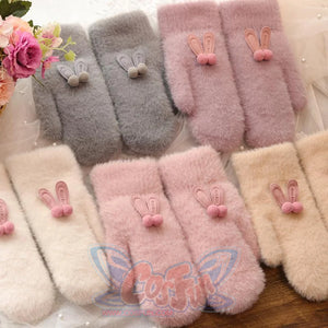 Ins Sister Cute Rabbit Ears Fuzzy Pure Color Fleece Knitted Warm Gloves