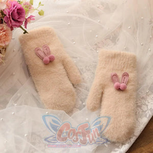 Ins Sister Cute Rabbit Ears Fuzzy Pure Color Fleece Knitted Warm Gloves