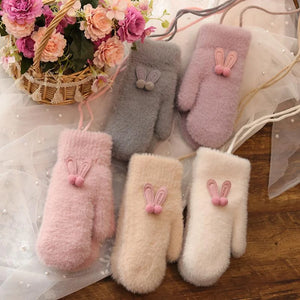 Ins Sister Cute Rabbit Ears Fuzzy Pure Color Fleece Knitted Warm Gloves