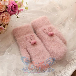 Ins Sister Cute Rabbit Ears Fuzzy Pure Color Fleece Knitted Warm Gloves