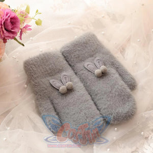 Ins Sister Cute Rabbit Ears Fuzzy Pure Color Fleece Knitted Warm Gloves Grey