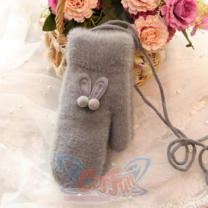 Ins Sister Cute Rabbit Ears Fuzzy Pure Color Fleece Knitted Warm Gloves Link Grey