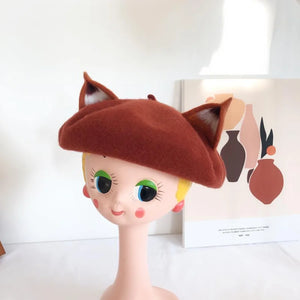 Japanese New Cute Fox Ear Caramel Woolen Beret Caps C00061 Hats&caps