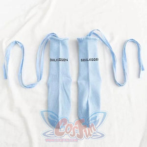 Jk Socks Tied Strip Thin Summer Kawaii Blue With Word / One Size Stockings&socks