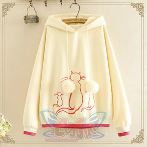 Kawaii Cat Embroidery Brushed Hoodie Beige / One Size Sweatshirt