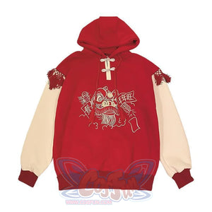 Lucky Tassel Embroidery Frogging Drawstring Hoodie Red / One Size Hoodie